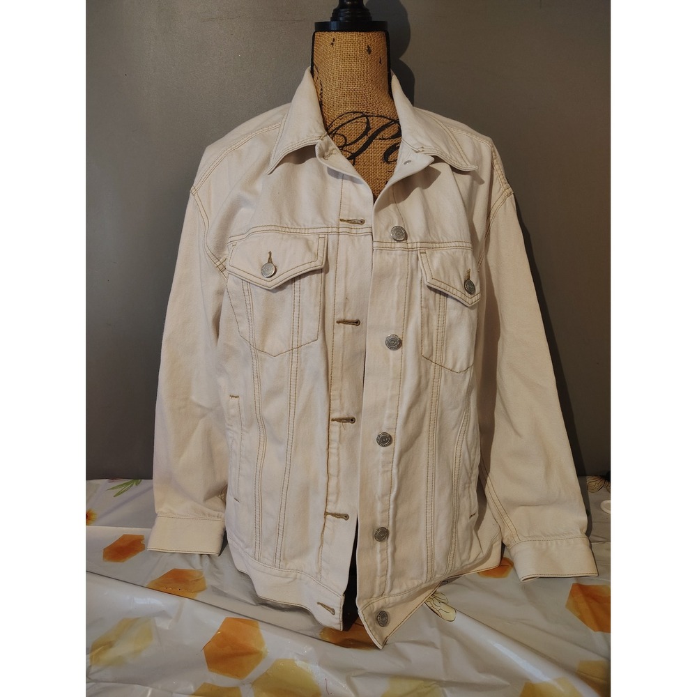 LOFT Womens Cream Denim Trucker Jacket Off White Tan Stitching Size M